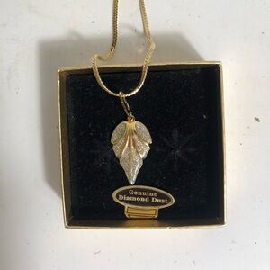 Vintage Kuhla diamond dust leaf necklace with gold tone chain